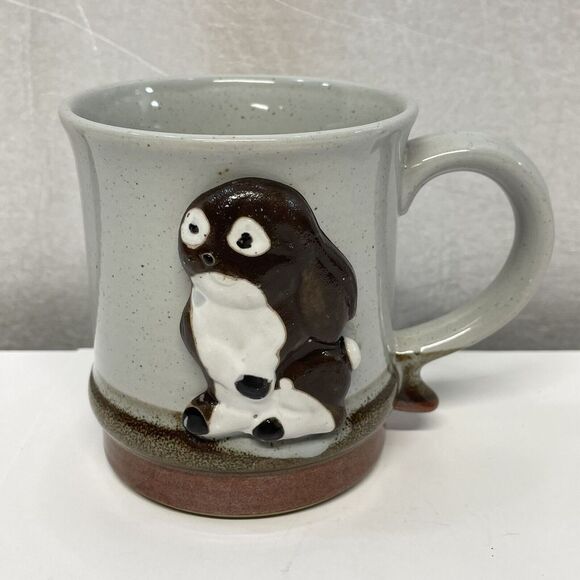 Vintage Speckled Stoneware 3D Rabbit Coffee Mug Tea Cup with Raised Design Brown - Picture 1 of 7